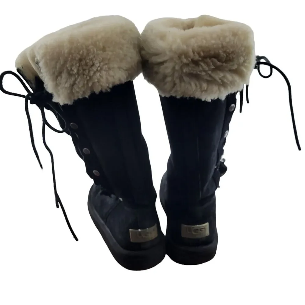 UGG Upside 5163 Boots Size 6 Tall Black Suede Lace Up Sides Studded Sherpa Lined